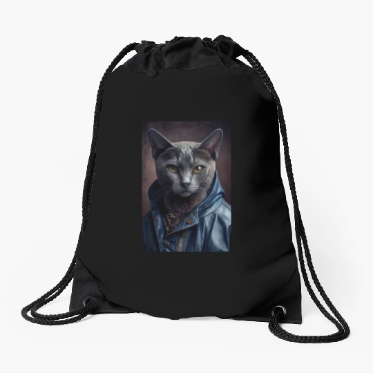 Russian Blue Cat Breed Portrait wears a leather j Drawstring Bags