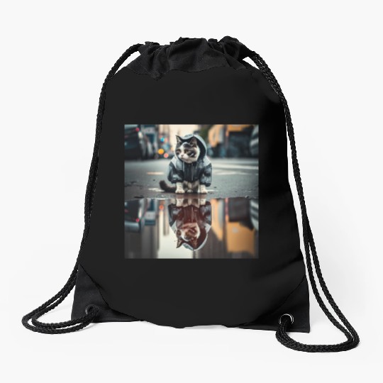 Cat in streetwear on reflection in a puddle Drawstring Bags
