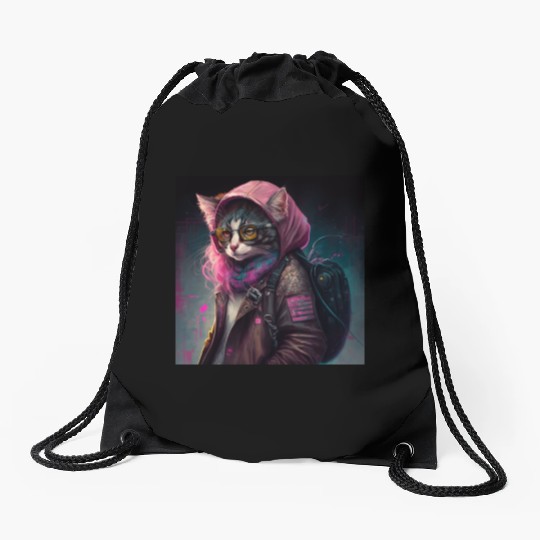 Cat in streetwear wearing a Drawstring Bags in digitalpunk
