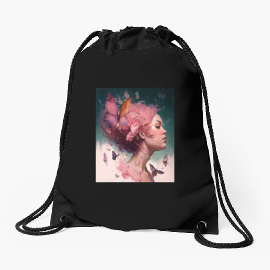 Breast Cancer Survivor Pink Flower Hair Girl Drawstring Bags