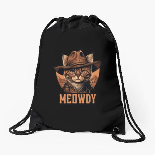 Meowdy - Funny Mashup Between Meow and Howdy - Cat Drawstring Bags