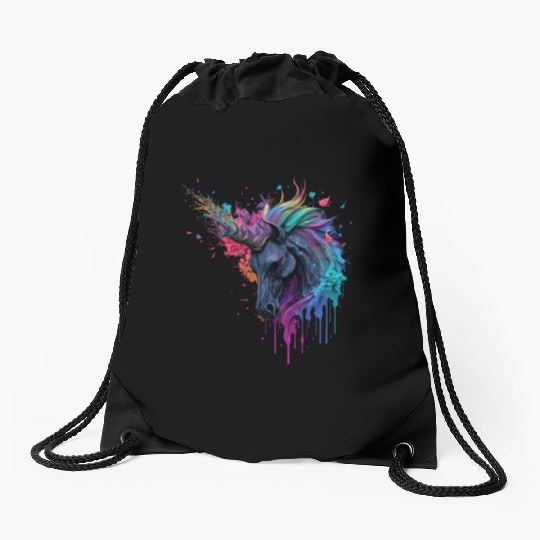 rainbow unicorn Drawstring Bags