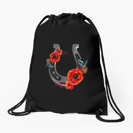 Floral Horseshoe With Poppies Drawstring Bags