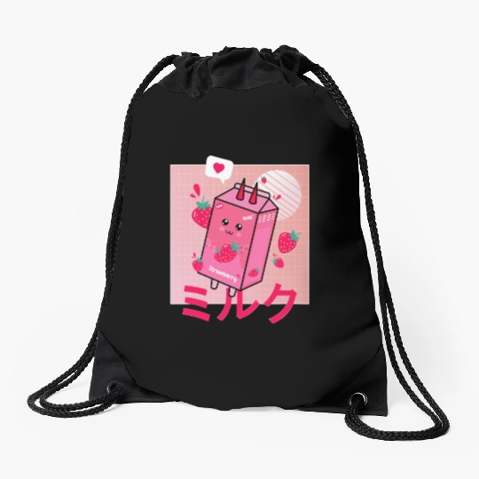 Strawberry Milk Shake Funny Retro 90s Japanese Drawstring Bags