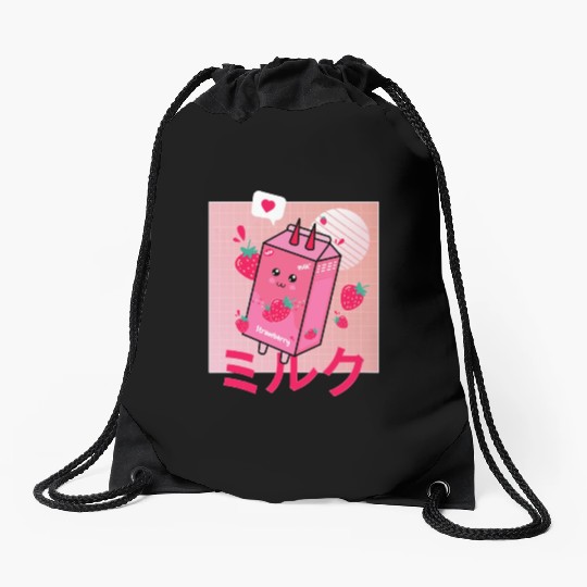 Strawberry Milk Shake Funny Retro 90s Japanese Drawstring Bags