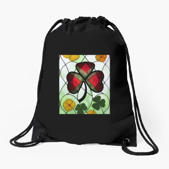 Red plaid Shamrock with Yellow Poppies (AI Art) Drawstring Bags