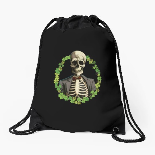 Skeleton Vintage Retro Creepy Cute Shamrock Drawstring Bags