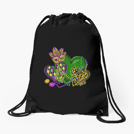 Mardi Gras Hearts Leopard Print Fleur de lis Symbo Drawstring Bags