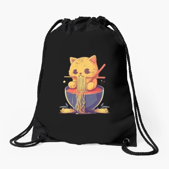 Cute Cat Eating Ramen Noodle Japanese Culture Drawstring Bags