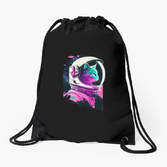Aesthetic Vaporwave Space Cat 80s 90s Astronaut Drawstring Bags