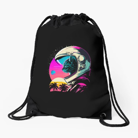 Aesthetic Vaporwave Space Cat 80s 90s Astronaut Drawstring Bags