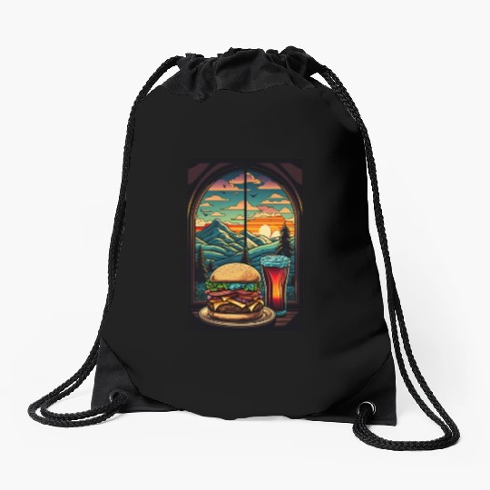Church window with hamburger burger and drink Drawstring Bags