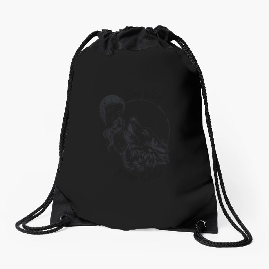 Stay Wild Moon Child Wolf Howling at Moon Goddess Drawstring Bags