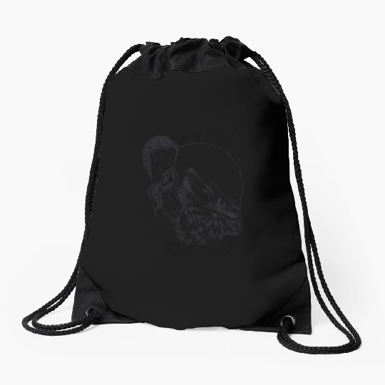 Stay Wild Moon Child Wolf Howling at Moon Goddess Drawstring Bags