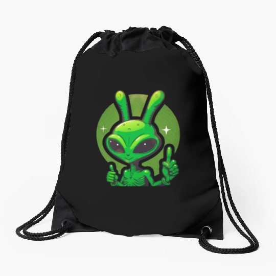 Happy green Alien Drawstring Bags