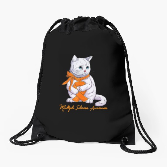 Multiple Sclerosis MS Awareness Cute Cat Wear Oran Drawstring Bags