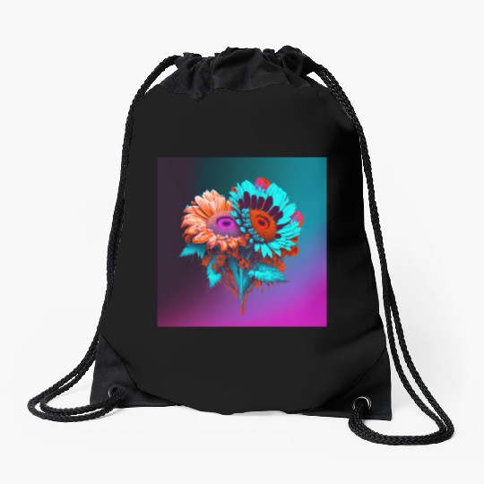 Blue and Orange Love Blooms Drawstring Bags