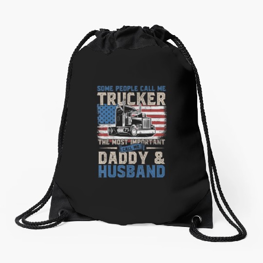 Truck Driver Gift Trucker Daddy Husband US Flag Drawstring Bags
