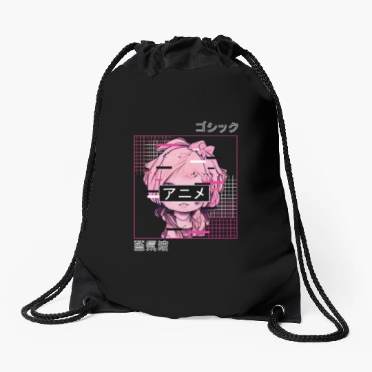 Glitch Anime Chibi Japanese Vaporwave Aesthetic Pa Drawstring Bags