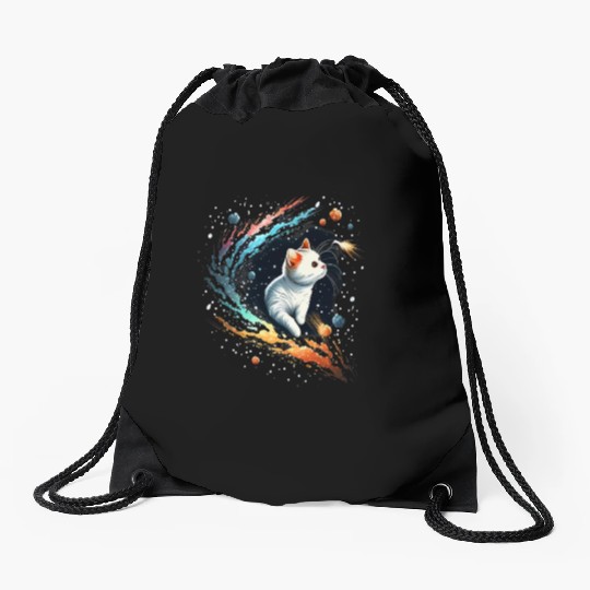 Astronaut Cat or Space Cat on Galaxy Cat Lover Drawstring Bags