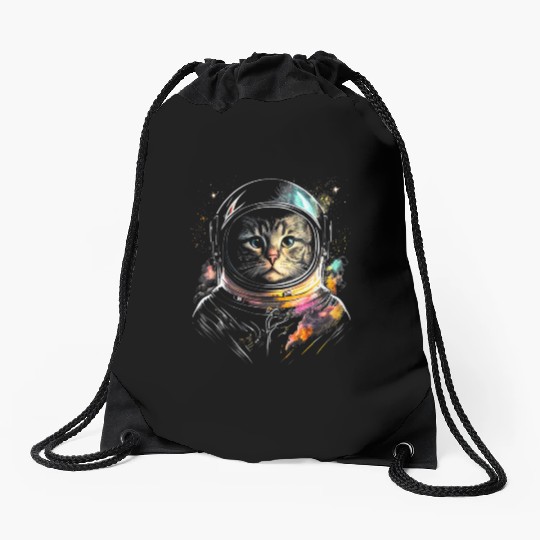 Space Cat on Galaxy Cat Lover Drawstring Bags