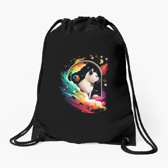 Space Cat on Galaxy Cat Lover Drawstring Bags