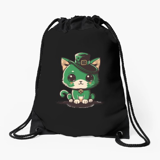 st patricks day - cut cat wearing a hat Drawstring Bags