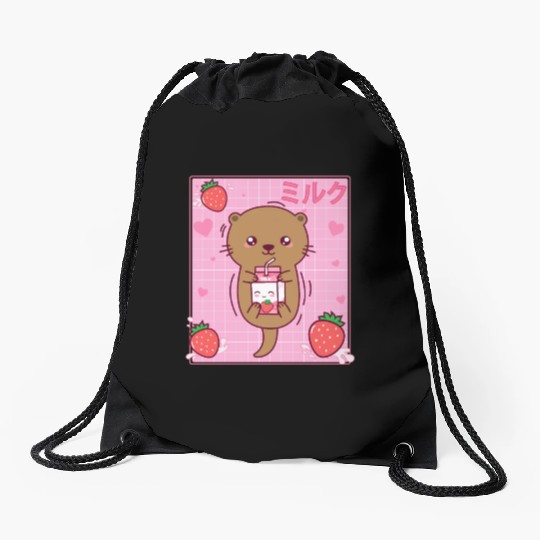 Kawaii Sea Otter Strawberry Milk Shake Otaku Drawstring Bags