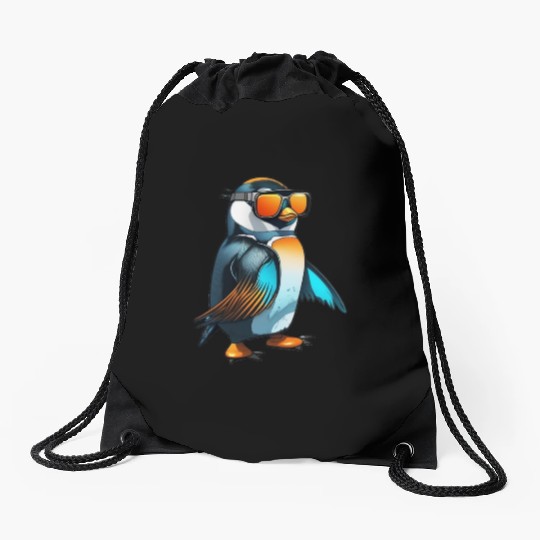 Cool Winter Penguin with orange sunglasses Drawstring Bags