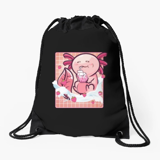 Kawaii Axolotl Strawberry Milk Shake Funny Sushi Drawstring Bags