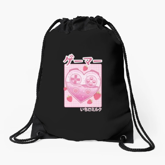 Video Gamer Japanese Kawaii Strawberry Milk Anime Drawstring Bags