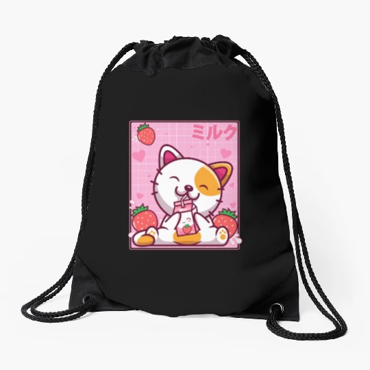 Kawaii Kitten Cute Cat Strawberry Milk Shake Drawstring Bags