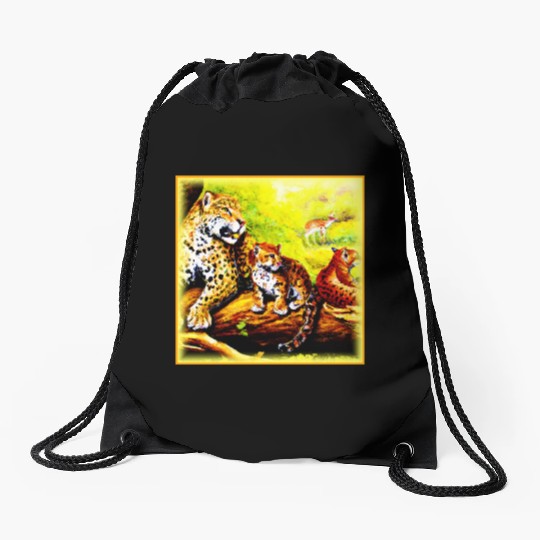 Jaguar Mom and Cubs Relaxing in Jungle. Buy Now Drawstring Bags
