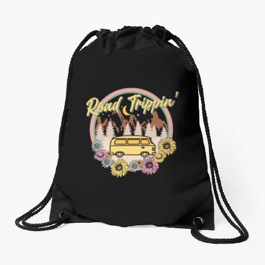 Retro Groovy Road Trip Drawstring Bags with Van Flowers