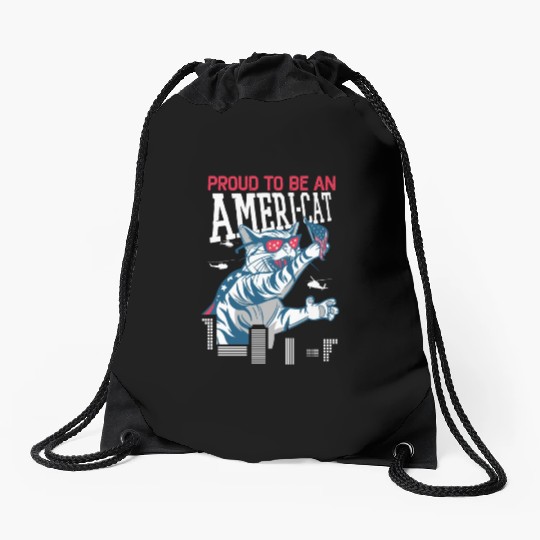 Proud To Be An Ameri-cat America 4th Of July Drawstring Bags