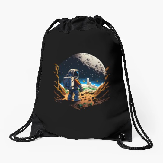 Serious Astronaut on Moon Voxel Art Drawstring Bags