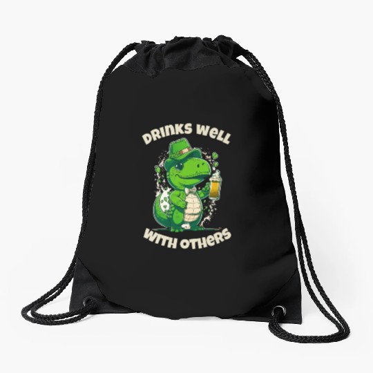 Drinks well with others st patrick's day Dinosaur Drawstring Bags