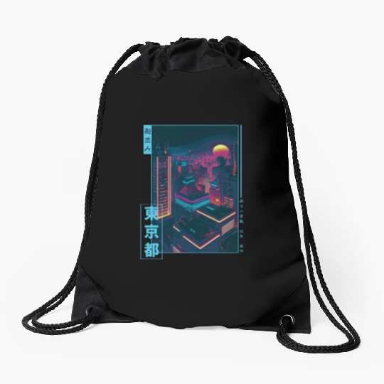 Retro Futurism Japanese Vaporwave City Tokyo Aesth Drawstring Bags