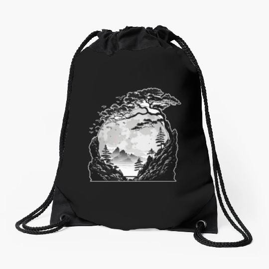 Japanese Mountain Landscape Gothic Full Moon Fores Drawstring Bags