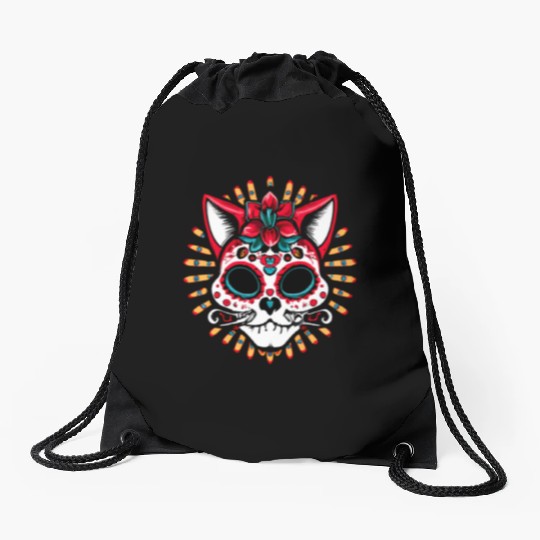 Day of the dead Cat Drawstring Bags