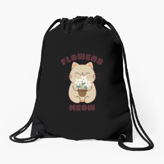 Kawaii cat and flowers, meow! Drawstring Bags