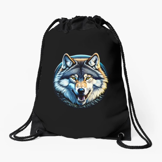 A fierce wolf howling at the moon Drawstring Bags