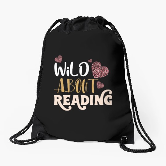 Wild About Reading Leopard Print Book Lover Drawstring Bags