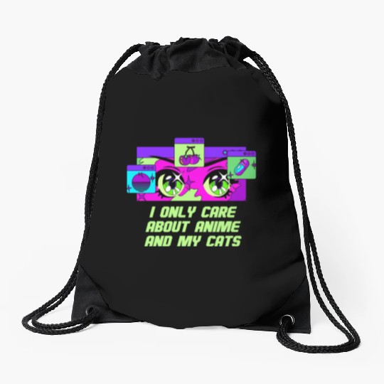 I Only Care About Anime and Cats Kawaii Cat Lover Drawstring Bags