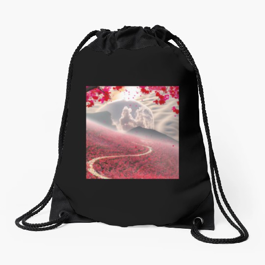 Misty Mountain Cherry Blossom Landscape Drawstring Bags