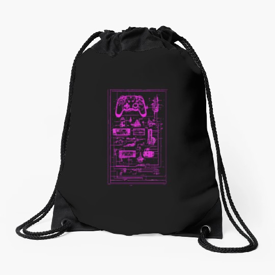 Neon Pink Video Game Controller Blueprint Drawstring Bags