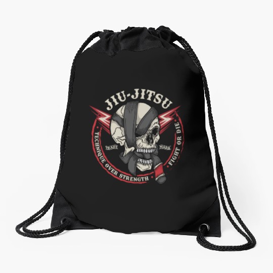 BJJ Skull - Fight or Die, Technique Over Strength Drawstring Bags