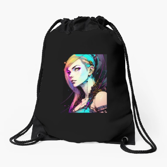 Neon Dreams A Cyberpunk Girl with Orange Teal Hair Drawstring Bags