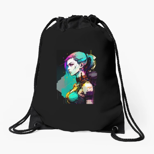 Bold and Beautiful Cyberpunk Girl with Teal Hair Drawstring Bags
