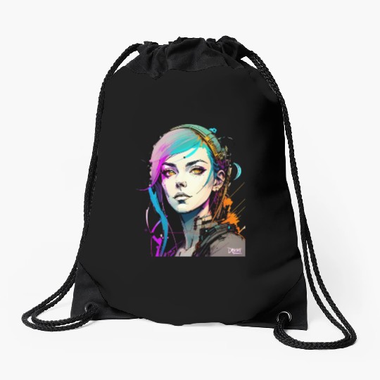 A Digital Diva Stunning Cyberpunk Beautiful Girl Drawstring Bags